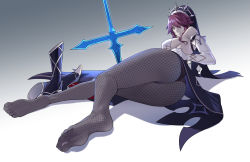  1girl ass bare_shoulders barefoot breasts elbow_gloves fishnet_pantyhose fishnets from_behind genshin_impact gloves habit highres large_breasts leotard looking_at_viewer looking_down pale_skin pantyhose polearm purple_eyes purple_hair rosaria_(genshin_impact) shiny_skin short_hair sideboob solo spear veil waist_cape weapon yonoki  rating:Questionable score:69 user:armorcrystal