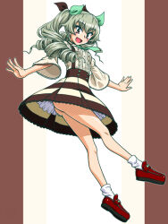  1girl anchovy_(girls_und_panzer) artist_request ass bare_legs black_ribbon blush breast_pocket breasts clothes_lift drill_hair floating frown full_body girls_und_panzer green_hair hair_ribbon happy long_hair long_sleeves looking_at_viewer pocket red_eyes ribbon shiny_skin shirt simple_background skirt skirt_lift small_breasts smile solo suspender_skirt suspenders twin_drills twintails white_shirt wide_hips 