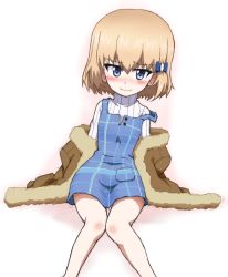1girl blue_bow blue_dress blush bow brown_coat casual closed_mouth coat commentary dress girls_und_panzer hair_bow katyusha_(girls_und_panzer) kayabakoro leaning_to_the_side looking_at_viewer medium_dress off_shoulder open_clothes open_coat pinafore_dress plaid plaid_skirt ribbed_shirt shirt simple_background sitting sketch skirt sleeveless_dress smile solo strap_slip turtleneck white_background white_shirt rating:Sensitive score:9 user:danbooru