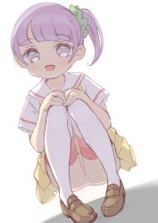  1girl cleft_of_venus female_focus functionally_nude highres hyakumangoku_masurao loafers loli manaka_non no_panties open_mouth pretty_series pripara purple_eyes purple_hair pussy shoes side_ponytail skirt solo squatting thighhighs upskirt white_thighhighs yellow_skirt  rating:Explicit score:60 user:Dweenie