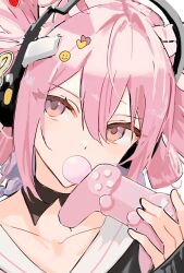  1girl arknights blowing_bubbles chewing_gum commentary controller drill_hair game_controller head_tilt headphones highres hishoti_cheese holding holding_controller holding_game_controller looking_at_viewer looking_to_the_side pink_eyes pink_hair romaji_commentary short_hair sleeves_past_wrists solo u-official_(arknights) 