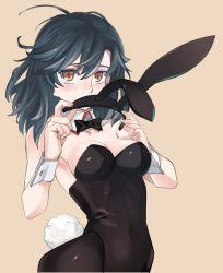 1girl animal_ears bare_shoulders black_hair black_leotard black_pantyhose blush bow bowtie breasts brown_eyes cleavage collarbone covering_own_mouth detached_collar fake_animal_ears hairband highres leotard looking_at_viewer ocha_(oteaaa) original pantyhose playboy_bunny rabbit_ears rabbit_tail short_hair solo tail unworn_hairband wrist_cuffs