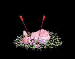  1other animal_focus arrow_(projectile) black_background clover clover_(flower) colored_sclera deer fawn fleebites flower holding holding_arrow lying no_humans on_ground on_side original pink_flower pink_fur pink_sclera purple_eyes simple_background 