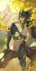  1boy absurdres antenna_hair arm_tattoo armor autumn bead_necklace beads belt boots bridge brown_footwear cape detached_sleeves eyeshadow falling_leaves floating_clothes flower forehead_jewel gauntlets genshin_impact gold_trim green_hair green_pants hair_between_eyes hand_on_own_thigh highres holding holding_flower jewelry knee_boots knee_up leaf lily_(flower) looking_at_viewer makeup multicolored_hair necklace pants parted_bangs pelvic_curtain purple_belt purple_cape red_eyeshadow shirt short_hair_with_long_locks shoulder_armor single_detached_sleeve sitting sitting_on_branch sleeveless sleeveless_shirt slit_pupils smile streaked_hair sunlight sunset tassel tattoo thighlet tree white_flower white_shirt wide_sleeves xiao_(genshin_impact) yellow_eyes zhishuixy 