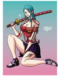  1girl alternate_costume bare_shoulders blue_eyes blue_hair breasts female_focus highres katana kouzuki_toki large_breasts lipstick looking_at_viewer makeup midriff navel one_piece scar solo sword thick_thighs thighs weapon  rating:Questionable score:6 user:Keplergym2