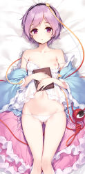 1girl absurdres bad_id bad_pixiv_id bed_sheet black_hairband blue_shirt book breasts cameltoe camisole collarbone commentary_request cowboy_shot dakimakura_(medium) feet_out_of_frame frilled_sleeves frills from_above gluteal_fold hair_ornament hairband heart heart_hair_ornament highres holding holding_book ke-ta komeiji_satori long_sleeves looking_at_viewer lying navel nipples off_shoulder on_back on_bed one_breast_out open_clothes open_shirt panties purple_eyes purple_hair ribbon shirt short_hair side-tie_panties small_breasts solo strap_slip string thigh_gap third_eye touhou underwear white_panties white_ribbon rating:Questionable score:48 user:danbooru