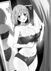  1girl absurdres bare_arms bare_shoulders blush breasts cleavage collarbone commentary_request cowboy_shot embarrassed eyes_visible_through_hair full-length_mirror groin hair_ornament hand_up highres kakao_(chocolate_land) large_breasts looking_at_viewer medium_hair mirror navel novel_illustration official_art ootsuki_akiho open_mouth reflection ryoushin_no_shakkin second-party_source shiny_skin solo stomach surprised thighs x_hair_ornament 