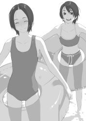  2girls bikini black_hair closed_eyes flat_chest highres kamo_(gafas) looking_at_viewer monochrome multiple_girls one-piece_swimsuit open_mouth short_hair smile swimsuit 