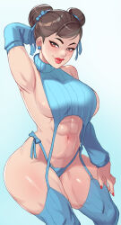 1girl abs absurdres arm_behind_head armpits blue_panties blue_sleeves blue_thighhighs bow bow_panties breasts brown_eyes brown_hair capcom chun-li commentary detached_sleeves double_bun english_commentary eyeliner greenmarine hair_bun hair_ribbon halterneck highres large_breasts lipstick looking_at_viewer makeup mature_female meme_attire navel no_bra panties red_lips red_nails revealing_clothes ribbed_legwear ribbon short_hair side-tie_panties sideboob solo street_fighter street_fighter_6 thick_thighs thighhighs thighs toned underwear virgin_destroyer_sweater 