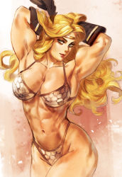 1girl abs absurdres amazon_(dragon&#039;s_crown) amazon_warrior armor armpits arms_up biceps bikini_armor blonde_hair breasts circlet cleavage collarbone cowboy_shot dragon&#039;s_crown elee0228 eyebrows eyelashes flexing flower hair_flower hair_ornament hands_in_hair highres ian_macdonald large_breasts lips lipstick long_hair makeup midriff muscular muscular_female navel nose revision scale_armor smile solo wide_hips rating:Sensitive score:87 user:danbooru