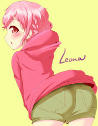 1boy artist_request ass blush braid from_behind highres hood hoodie huge_ass leaning leaning_forward reona_west looking_at_viewer looking_back male_focus open_mouth pink_eyes pink_hair pretty_series pripara short_hair short_shorts shorts simple_background solo trap yellow_background rating:Questionable score:38 user:armorcrystal