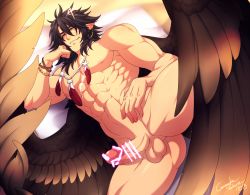  1boy abs bar_censor bara black_hair censored completely_nude crescentia_fortuna elbow_rest erection feather_necklace feathered_wings fire_emblem fire_emblem:_radiant_dawn gluteal_fold large_pectorals looking_at_viewer lying male_focus medium_hair muscular muscular_male navel nintendo nipples nude on_bed on_side pectorals penis pointy_ears sidelocks smug solo spread_legs spread_wings stomach thick_thighs thighs tibarn_(fire_emblem) wings yellow_eyes  rating:Explicit score:3 user:danbooru