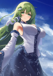  &gt;:( 1girl absurdres armpits bare_shoulders blue_skirt blue_sky blush breasts bright_pupils closed_mouth cloud collared_shirt commentary cowboy_shot day detached_sleeves eyes_visible_through_hair floating_hair frog_hair_ornament green_eyes green_hair hair_between_eyes hair_ornament hand_up highres kochiya_sanae large_breasts long_hair long_sleeves mino_(minori) outdoors serious shirt sidelighting sidelocks skirt sky sleeveless sleeveless_shirt snake_hair_ornament solo split_mouth touhou tsurime v-shaped_eyebrows very_long_hair white_shirt wide_sleeves wind 