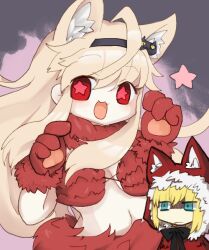  2girls :3 ahoge animal_ears animal_hands black_hairband black_souls breasts breasts_apart cosplay fate/grand_order fate_(series) gloves hairband long_hair looking_at_viewer mash_kyrielight mash_kyrielight_(dangerous_beast) mash_kyrielight_(dangerous_beast)_(cosplay) medium_breasts multiple_girls open_mouth paw_gloves pink_hair prickett_(black_souls) red_eyes red_hood_(black_souls) red_pupils riserywentia sidelocks smile star-shaped_pupils star_(symbol) symbol-shaped_pupils very_long_hair wolf_ears 