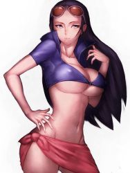  1girl black_hair blue_shirt breasts cleavage collarbone covered_erect_nipples cowboy_shot crop_top eyewear_on_head fumio_(rsqkr) glasses grey_eyes groin hair_slicked_back hand_up large_breasts long_hair looking_at_viewer lowleg midriff navel nico_robin no_bra one_piece open_clothes open_shirt pink_skirt revealing_clothes sarong shiny_clothes shirt short_sleeves side_slit skirt solo sunglasses underboob unzipped zipper  rating:Questionable score:96 user:Sun_Fire