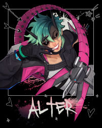  1girl alter_(apex_legends) animification apex_legends black_background black_gloves black_jacket black_sclera bodysuit character_name colored_sclera from_above gloves green_hair grey_bodysuit heart highres jacket looking_at_viewer mechanical_tail namjak short_hair smile solo star_(symbol) tail white_eyes 