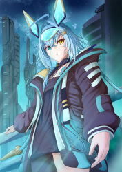  1girl absurdres ahoge blue_hair city heterochromia highres indie_virtual_youtuber jacket light_blue_hair sayu_sincronisity shin&#039;a standing tattoo  rating:General score:2 user:scpcontainmentbreach