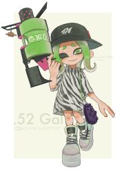  .52_gal_(splatoon) 1girl animal_print black_headwear black_shirt border commentary cross-laced_footwear full_body gradient_hair green_eyes green_hair grey_footwear gun hat highres holding holding_gun holding_weapon looking_at_viewer medium_hair multicolored_hair nintendo octoling octoling_girl octoling_player_character one_eye_closed open_mouth outside_border oversized_clothes oversized_shirt raised_eyebrows shirt shoes simple_background smile solo splatoon_(series) splatoon_3 standing standing_on_one_leg symbol-only_commentary tentacle_hair thick_eyebrows totocosakana two-tone_shirt weapon white_border white_shirt yellow_background zebra_print 