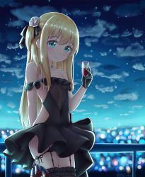 1girl albacore_(azur_lane) albacore_(azur_lane)_(cosplay) albacore_(beneath_the_black_dress)_(azur_lane) arm_behind_back azur_lane bare_shoulders black_dress black_gloves black_panties black_thighhighs blonde_hair blue_eyes borrowed_character breasts city cloud cosplay covered_navel cup dress drinking_glass flower frilled_dress frills garter_straps gloves hair_flower hair_ornament highres horizon jewelry lights long_hair necklace night night_sky original outdoors panties panties_over_garter_belt panty_pull pearl_necklace railing shimotsuki_potofu short_dress side-tie_panties side_ponytail sky small_breasts smile solo star_(sky) thighhighs thighs underwear vellistix rating:Sensitive score:38 user:danbooru
