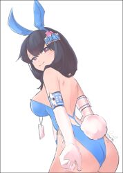 animal_ears ass black_hair blue_bow blue_bowtie blue_leotard bow bowtie breasts closed_mouth detached_collar elbow_gloves fake_animal_ears fake_tail from_behind gloves goddess_of_victory:_nikke large_breasts lauragemstones leotard long_hair mary_(medical_rabbit)_(nikke) mary_(nikke) official_alternate_costume playboy_bunny purple_eyes rabbit_ears rabbit_tail smile strapless strapless_leotard tail white_gloves
