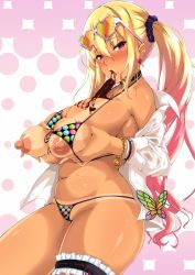 1girl bikini blonde_hair blush body_writing bracelet breast_hold breasts breasts_squeezed_together bug butterfly chocolate choker covered_erect_nipples curvy dress_shirt earrings gradient_hair ground_zero hair_between_eyes heart heart-shaped_eyewear heart-shaped_pupils heart-shaped_sunglasses highres insect jewelry large_breasts licking long_hair looking_at_viewer multicolored_hair nail_polish nipples pink_hair plump polka_dot polka_dot_bikini red_eyes scrunchie shatte_judevesten shiny_skin shirt sidelocks solo sunglasses super_robot_wars super_robot_wars_x-omega swimsuit symbol-shaped_pupils tan tanline tongue tongue_out twintails upper_body valentine rating:Questionable score:83 user:Sex._Furius