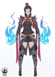  1girl armor armored_boots armored_gloves artist_logo artist_name avatar:_the_last_airbender avatar_legends azula bad_tag black_hair black_leotard black_shoe boots breasts cameltoe closed_mouth covered_erect_nipples crown dragon_horns dragon_skull english_text eyebrows eyelashes eyeshadow female_focus fire gauntlets gloves half-closed_eyes highres horns large_breasts leotard leotard_under_clothes lips lipstick liya_nikorov long_sleeves looking_at_viewer makeup navel nipples pussy queen see-through shin_guards shoulder_armor side_bangs simple_background skull solo solo_focus standing thick_thighs thighhighs thighs third-party_edit tilted_head topknot white_background yellow_eyes 