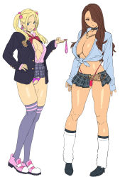 2girls bar_censor blonde_hair blue_eyes breasts brown_eyes brown_hair censored cleavage closed_mouth collar collarbone condom crotchless crotchless_panties earrings full_body hair_over_one_eye highres jewelry large_breasts looking_at_viewer medium_breasts microskirt multiple_girls navel no_bra original panties parted_lips pleated_skirt simple_background skirt standing thighhighs twintails underwear use used_condom velzhe white_background rating:Explicit score:187 user:creck