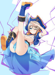  1girl adapted_costume areola_slip ass aura bikini bikini_top_only blue_background blue_eyes blue_footwear blue_hat blue_skirt blue_vest blush boots breasts bunji commentary_request covered_erect_nipples dark_aura dark_persona diamond-shaped_pupils diamond_(shape) feathers genjitsu_no_yohane genjitsu_no_yohane_-numazu_in_the_mirage- hat hat_feather highres large_breasts leg_up light_brown_hair looking_at_viewer love_live! love_live!_sunshine!! medium_hair micro_bikini multicolored_background nightwicked_(genjitsu_no_yohane) nightwicked_you no_panties one_eye_closed pirate pirate_hat salute skirt smile solo swimsuit symbol-shaped_pupils vest watanabe_you white_background you_(genjitsu_no_yohane) 