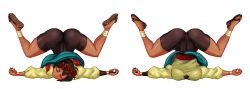  1girl ajna_(indivisible) ass bike_shorts breasts brown_theme cameltoe crotch dark_skin dark-skinned_female faceplant female_focus highres humiliation indivisible ryona sandals solo spread_legs top-down_bottom-up unknowntico  rating:Questionable score:65 user:Cheadle_Yorkshire