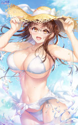  1girl :d bikini blue_sky breasts brown_eyes brown_hair cameltoe cleavage cloud collarbone commentary_request day glasses hat hat_ribbon highres hoshina_tomoko hozumi_kaoru large_breasts long_hair looking_at_viewer open_mouth outdoors ribbon sarong side-tie_bikini_bottom sidelocks sky smile solo stomach straw_hat sun_hat swimsuit teeth thighs to_heart to_heart_(series) underboob upper_teeth_only wading water_drop watermark white_bikini 