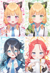  4girls :&lt; :d animal_ear_headphones animal_ears aris_(blue_archive) bandaid black_hair black_hairband blonde_hair blue_archive blue_bow blue_eyes blue_necktie blush bow braid character_name closed_mouth collarbone collared_shirt commentary_request cursor drawn_whiskers dress_shirt fake_animal_ears forehead game_development_department_(blue_archive) green_eyes hair_between_eyes hair_bow hairband halo hands_up headphones heart highres hood hood_down hooded_jacket jacket kubong long_hair long_sleeves looking_at_viewer midori_(blue_archive) momoi_(blue_archive) multiple_girls necktie off_shoulder one_side_up open_clothes open_jacket open_mouth parted_lips pixelated power_symbol puffy_long_sleeves puffy_sleeves purple_eyes red_bow red_hair shirt siblings sisters sleeves_past_wrists smile suspenders sweat teeth twins upper_body upper_teeth_only white_jacket white_shirt wide_sleeves yuzu_(blue_archive) 