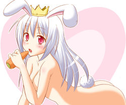  1girl ac_japan aisatsu_no_mahou animal_ears arigato_usagi ass breasts rabbit_ears rabbit_tail carrot cleavage crown eyebrows food heart heart_background holding kashii_yutaka long_hair nude personification red_eyes simple_background solo tail white_background white_hair 
