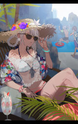  1girl 3boys adjusting_eyewear aqua_nails aqua_wristband arms_up bangs bare_shoulders bikini black_pants braid breasts commentary crossed_legs day drinking_straw earrings feet_out_of_frame flower flower_earrings food fruit halterneck hat highres ice_cream jewelry jumping kaine_(nier) letterboxed looking_at_viewer multicolored_towel multiple_boys nail_polish nier nier_(series) ocean otuming outdoors pants parted_lips purple_pants red_wristband shadow short_hair sitting small_breasts smile solo_focus standing straw_hat strawberry sun_hat sunglasses swimsuit towel towel_around_neck water white_hair wristband 