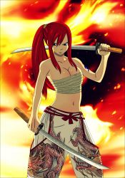 breasts cleavage dual_wielding erza_scarlet fairy_tail fire highres large_breasts midriff ponytail red_hair sarashi solo sword tattoo weapon rating:Sensitive score:26 user:thousandmaster