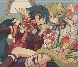  2boys animal_ears bad_id bad_pixiv_id bandaged_leg bandages bandaid bandaid_on_leg blood blue_hair closed_mouth collar collared_shirt crepe doughnut eating ensemble_stars! fang flower food food_on_face frilled_sleeves frills gauze_on_knee green_hair green_ribbon hair_between_eyes hand_up highres holding holding_food holding_spoon jacket kemonomimi_mode kneehighs long_sleeves looking_at_viewer male_focus meremero multiple_boys neck_ribbon open_mouth pink_flower pink_tulip purple_eyes red_collar red_flower red_jacket red_tulip ribbon sazanami_jun shirt short_hair sitting socks spiked_collar spikes spoon tail tomoe_hiyori tulip white_shirt wolf_boy wolf_ears wolf_tail yellow_eyes yellow_flower 