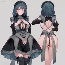  1girl artist_name ass black_thighhighs blush breasts chowbie cleavage dress elbow_gloves frills from_behind gloves green_hair grey_background large_breasts maid maid_headdress medium_hair multiple_views original short_twintails sideboob solo thighhighs twintails yellow_eyes 