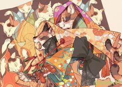  animal animal_focus black_bow black_scarf bow cat claws closed_eyes clothed_animal fine_art_parody floral_print from_side head_scarf highres japanese_clothes kimono nihonga no_humans original parody profile scarf shin_guards signature slit_pupils tassel tonbippo08 tongue tongue_out twitter_username ukiyo-e upper_body whiskers yawning yellow_eyes yellow_kimono 