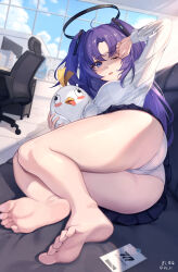  1girl absurdres artist_name artist_request ass bare_legs barefoot black_halo bld_zi blue_archive blue_eyes blue_sky blush breasts chair cloud commentary_request couch day doodle_sensei_(blue_archive) feet foot_focus foreshortening halo highres holding holding_stuffed_toy id_card indoors korean_commentary large_breasts legs long_hair long_sleeves looking_at_viewer lying mechanical_halo medium_breasts millennium_science_school_logo office_chair on_couch on_side one_eye_closed open_mouth panties peroro_(blue_archive) purple_hair retro_artstyle sensei_(blue_archive) shading_eyes shirt skirt sky soles stuffed_animal stuffed_penguin stuffed_toy swivel_chair thighs toes triangle_hair_ornament twitter_username two_side_up underwear upskirt white_panties white_shirt yuuka_(blue_archive)  rating:Sensitive score:47 user:Miyuki_Lust
