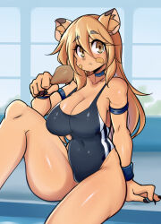  1girl :3 absurdres animal_ears ass black_one-piece_swimsuit breasts cat_ears cat_girl cat_tail cheek_bulge covered_navel curvy eating fang food furry furry_female goya_(lucyfer) hair_down highleg highleg_swimsuit highres holding holding_food huge_ass large_breasts long_hair looking_at_viewer lucyfer nail_polish one-piece_swimsuit original shiny_clothes simple_background sitting sunlight swimsuit tail wide_hips  rating:Sensitive score:14 user:Popote