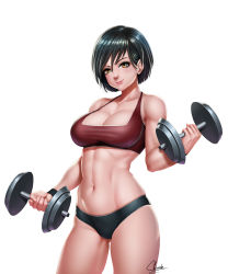  1girl abs black_hair black_shorts breasts brown_eyes cleavage clenched_hands commentary dumbbell english_commentary exercising eyelashes eyeliner gluteal_fold highres large_breasts light_smile lips looking_at_viewer makeup micro_shorts monster_hunter monster_hunter:_world monster_hunter_(series) navel newash nose red_sports_bra short_hair shorts signature skindentation solo sports_bra standing swept_bangs thick_thighs thighs toned weightlifting white_background wristband 