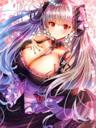  1girl absurdres azur_lane bad_id bad_pixiv_id bare_shoulders between_breasts black_dress black_nails blush breasts cleavage dress earrings floating_hair formidable_(azur_lane) frilled_dress frills grey_hair hair_ornament hair_ribbon hand_on_own_chest highres jewelry large_breasts long_hair long_sleeves looking_at_viewer nail_polish red_eyes ribbon solo tub_(abcehknqux) twintails wind 