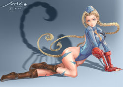  1990s_(style) 1girl ahoge arm_support artist_name blonde_hair blue_eyes blue_leotard bodypaint boots braid breasts cammy_white capcom dated different_shadow elbow_gloves fingerless_gloves garrison_cap gloves hat huge_ahoge leotard long_hair looking_at_viewer lying medium_breasts ribbed_leotard scar scorpion shadow shoumura_(mix) skin_tight solo street_fighter street_fighter_zero_(series) thong_leotard twin_braids very_long_hair  rating:Sensitive score:37 user:damfal