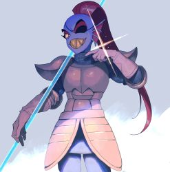 1girl armor bad_id bad_pixiv_id blue_skin colored_sclera colored_skin eyelashes eyepatch fins fish_girl gleam gloves grin highres holding holding_weapon looking_at_viewer ouse_(otussger) polearm red_hair sharp_teeth smile solo spear teeth undertale undyne weapon yellow_sclera rating:Sensitive score:3 user:danbooru