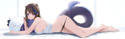  1girl absurdres airi_kanna bare_arms bare_legs bare_shoulders barefoot black_hair black_panties blue_eyes blue_hair blush breasts camisole closed_mouth colored_inner_hair curvy dragon_girl dragon_horns dragon_tail full_body hashtag-only_commentary head_rest highres horns huhi_(huhi_1211) large_breasts long_tail looking_at_viewer lying multicolored_hair navel no_pants on_stomach panties panty_pull sideboob solo spaghetti_strap stellive streaked_hair tail thighs toes two-tone_hair underwear virtual_youtuber white_camisole  rating:Questionable score:9 user:spiderfan