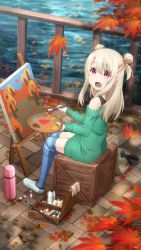  autumn_leaves bare_shoulders blonde_hair canvas_(object) day dress fate/kaleid_liner_prisma_illya fate_(series) illyasviel_von_einzbern official_art open_mouth painting_(object) park red_eyes sitting sitting_on_object striped_legwear sweater sweater_dress water  rating:Sensitive score:4 user:dat_asp