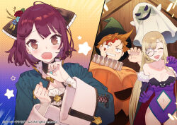  1boy 1other 2girls ahoge alternate_costume atelier_(series) atelier_sophie bat_(animal) bat_wings blood blood_on_face blush breasts brown_eyes cape claw_pose cleavage clothing_cutout coat_rack cross-laced_clothes cross-laced_top fake_blood fang fur_trim ghost_costume gluteal_fold gradient_background halloween halloween_costume jack-o&#039;-lantern medium_breasts monika_ellmenreich monocle motion_lines multiple_girls navel navel_cutout noco_(adamas) oskar_behlmer plachta pumpkin pumpkin_costume recoil scared sophie_neuenmuller star_(symbol) stomach_cutout surprised wings wooden_door 