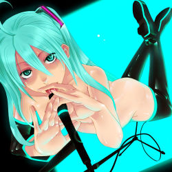 1girl ahoge aqua_eyes aqua_hair boots detached_sleeves hatsune_miku highres long_hair looking_at_viewer microphone microphone_stand mr.romance nipples nude palms sexually_suggestive solo thigh_boots thighhighs tongue vocaloid