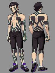  1boy 2boys black_hair demi-fiend full-body_tattoo highres male_focus mfrnnnfr multiple_boys non-web_source shin_megami_tensei shin_megami_tensei_iii:_nocturne short_hair shorts tattoo topless_male yellow_eyes 