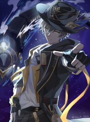  1boy arm_up artist_name astral_express_(honkai:_star_rail) black_coat black_gloves black_hat black_pants blue_sky caelus_(honkai:_star_rail) chain chokop_(0mochi_pchoko) closed_mouth coat fingerless_gloves gloves gold_chain grey_hair hair_between_eyes hat hat_feather highres honkai:_star_rail honkai_(series) hood hooded_coat long_sleeves male_focus open_clothes open_coat outdoors pants pocket_watch pointing pointing_at_viewer purple_sky shirt short_hair sky smile solo space standing star_(sky) starry_sky t-shirt trailblazer_(honkai:_star_rail) train two-sided_coat two-sided_fabric watch white_shirt yellow_coat yellow_eyes 