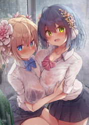 2girls ahoge asymmetrical_docking black_hair blonde_hair blue_bow blue_bowtie blue_eyes blush bow bowtie breast_press breasts closed_mouth commentary_request dated e-note flower green_eyes hair_between_eyes hair_flower hair_ornament highres large_breasts looking_at_viewer multiple_girls open_mouth original pink_bow pink_bowtie pleated_skirt rain school_uniform shirt short_hair short_sleeves signature skirt thighs twintails wet wet_bra wet_clothes wet_shirt rating:Questionable score:45 user:danbooru